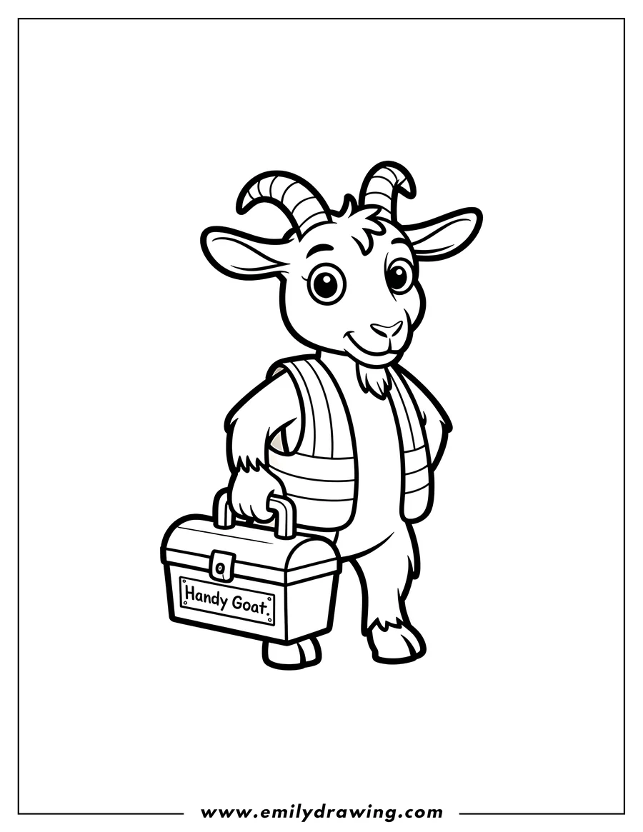 Line art of a goat wearing a vest and holding a toolbox.