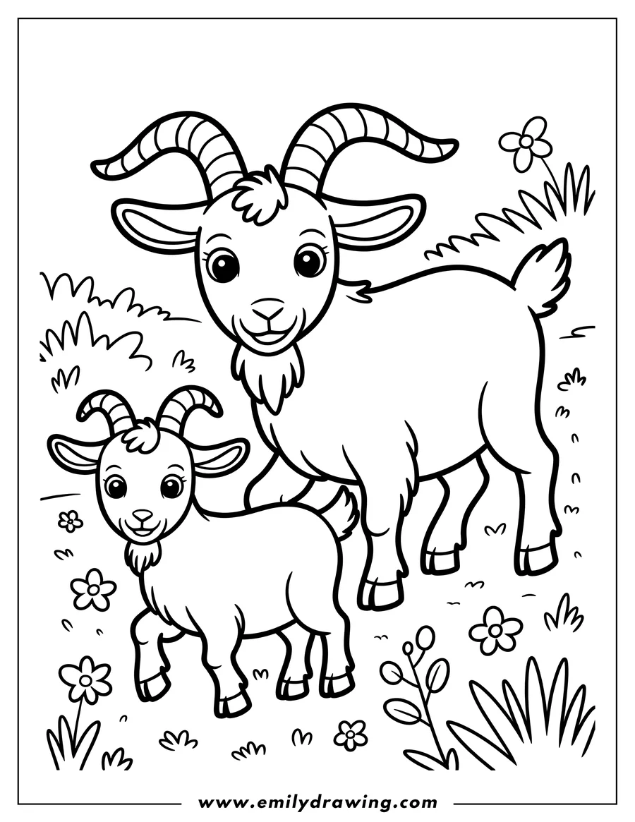 Line art of two goats, one large and one small kid, standing in a field with grass and flowers.
