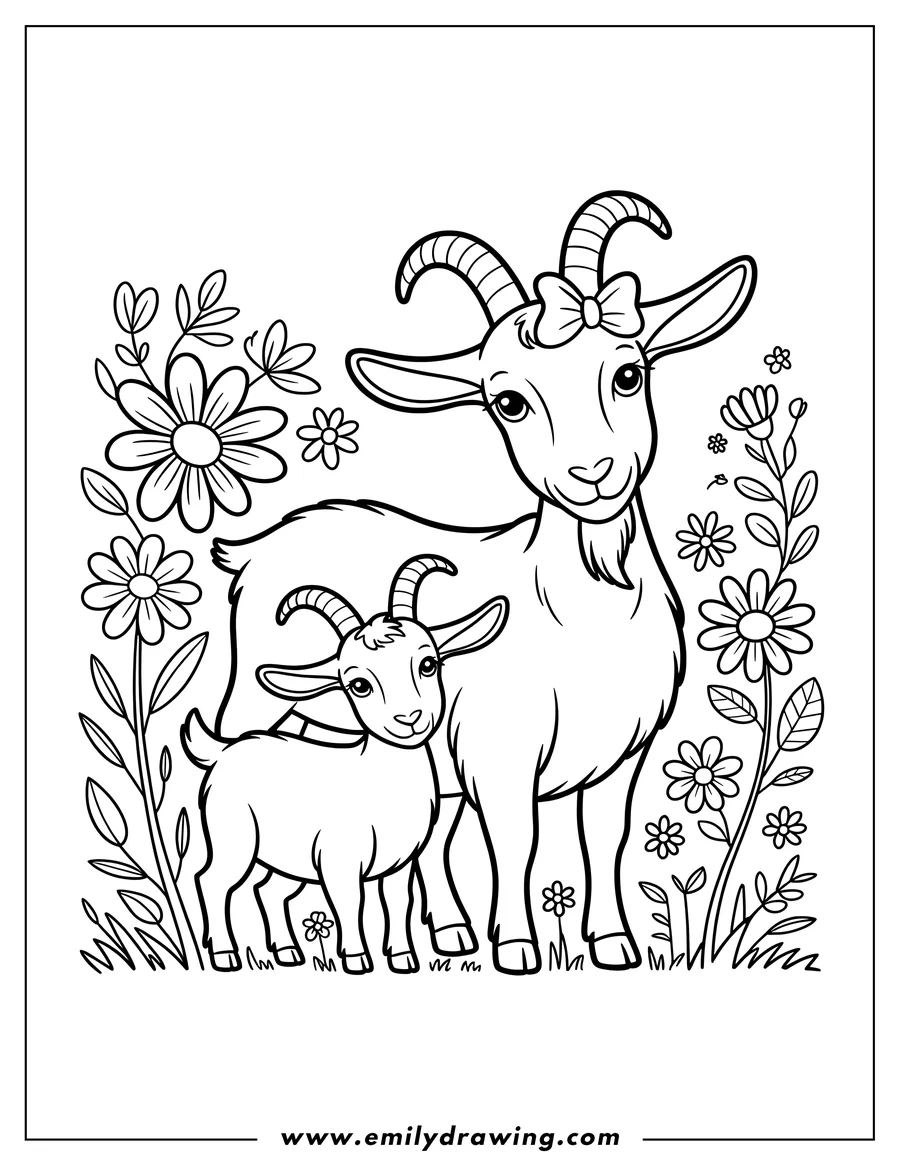 Outline of two goats, one larger with a bow and one smaller, standing in a field with flowers and grass.