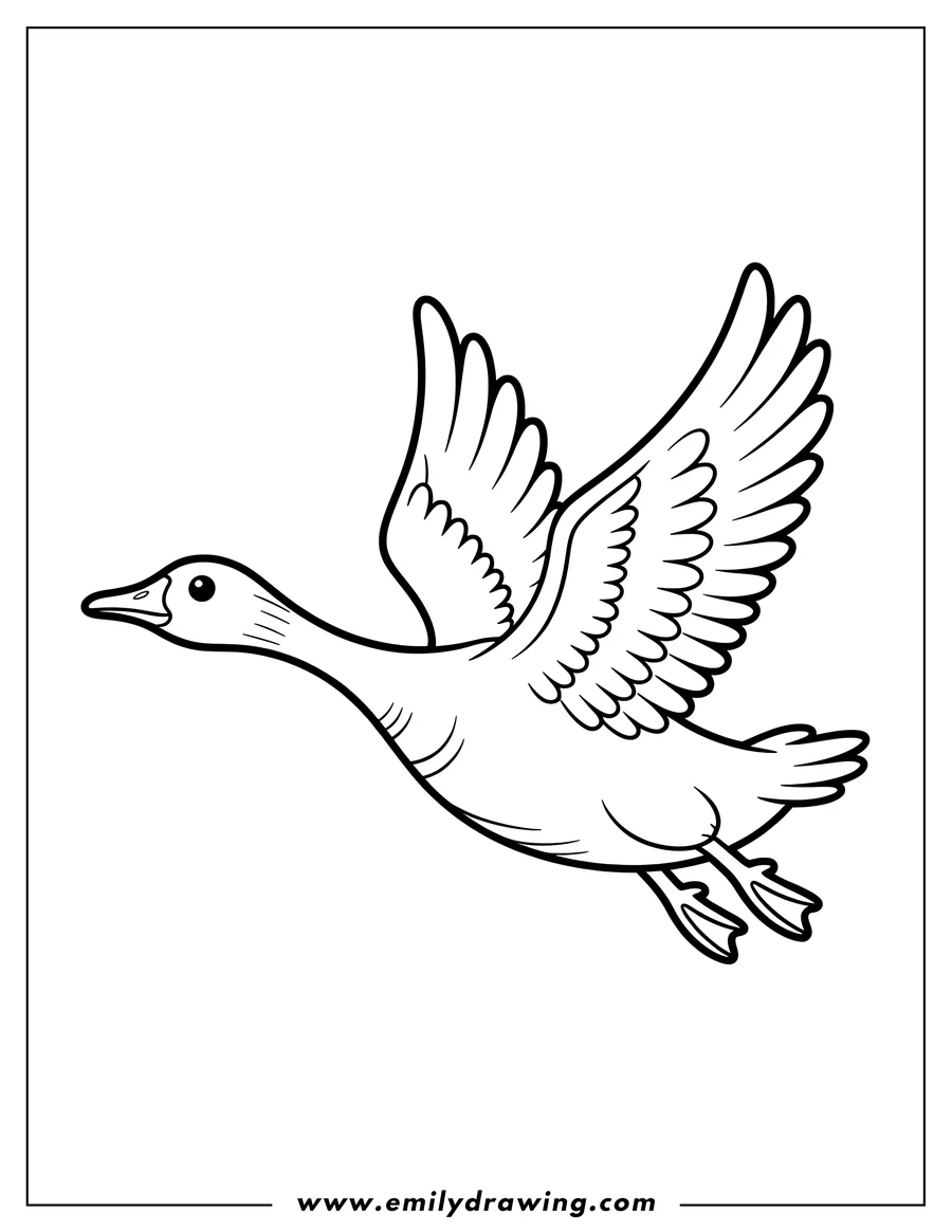 Line art of a goose flying with its wings spread.