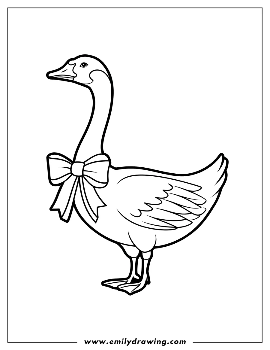 Line art of a goose wearing a large bow around its neck.
