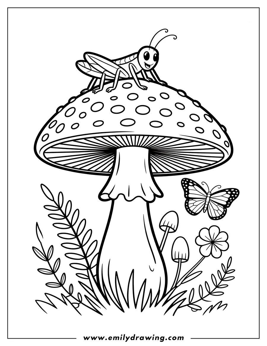 Outline of a grasshopper sitting on a spotted mushroom, with a butterfly, smaller mushroom, flower, and grass nearby.