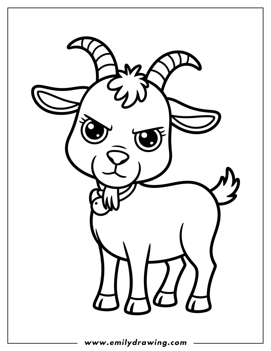 Line drawing of a grumpy-looking goat wearing a bell around its neck.