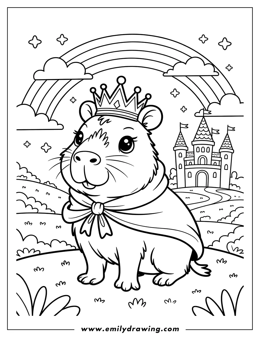 Outline of a guinea pig wearing a crown and cape, standing in a field with a castle and rainbow in the background.