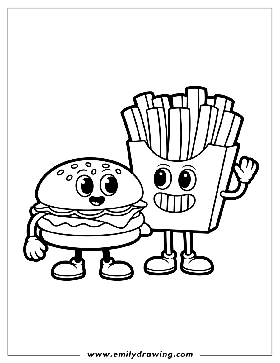 Line art of a hamburger and french fries, both with smiling faces. The hamburger has sesame seeds, and the french fries are in a carton.