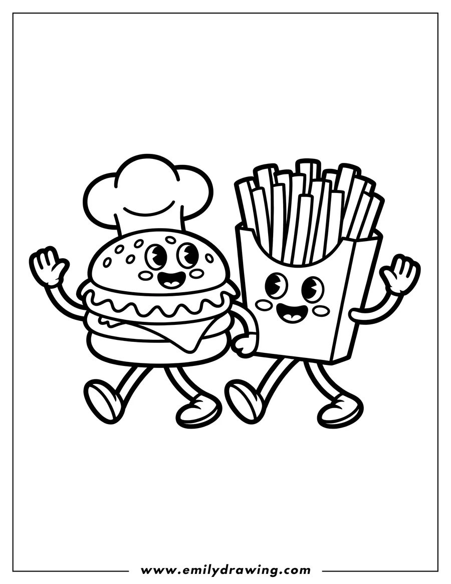 Outline of a cheerful hamburger wearing a chef's hat and a carton of french fries walking hand-in-hand