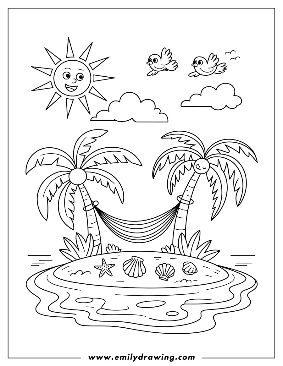 Line art of a hammock strung between two palm trees on a small island with seashells and a starfish, birds flying overhead and a cheerful sun shining