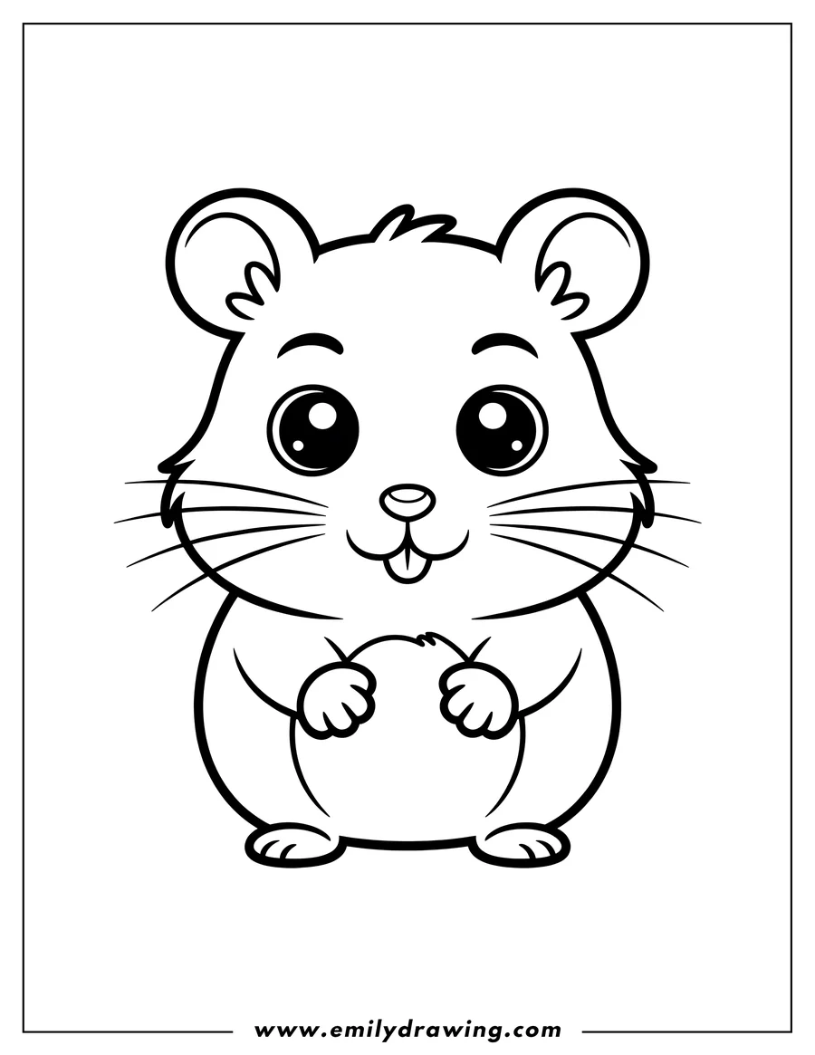 Outline of a cute hamster with large eyes, holding its tummy.