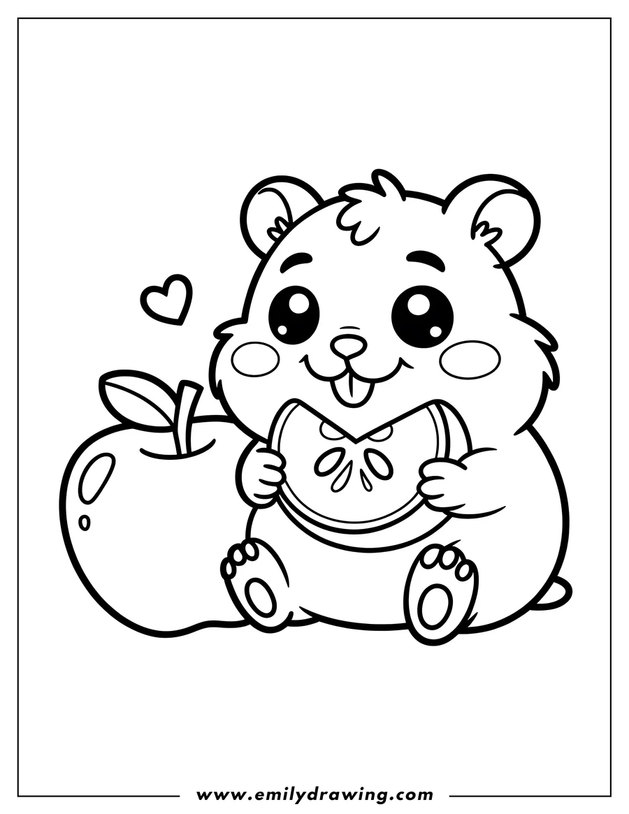 Outline of a cute hamster holding a large apple slice. A whole apple sits beside the hamster, and a small heart floats above.