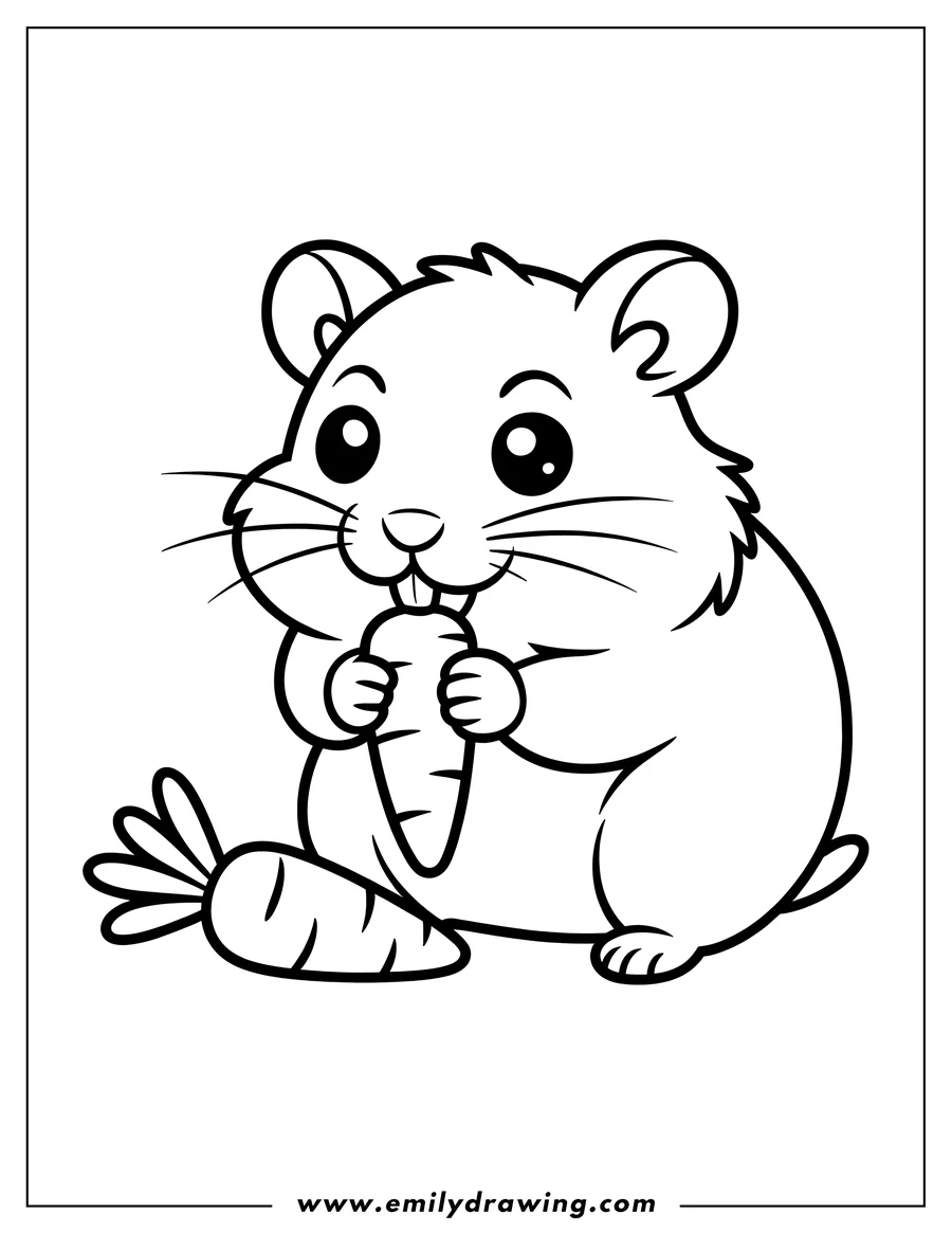 Line art of a hamster holding and eating a carrot.