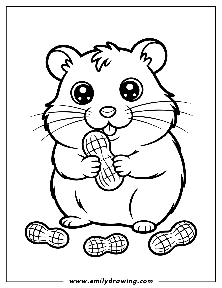 Outline of a hamster holding a peanut in its paws, with more peanuts scattered around its feet.