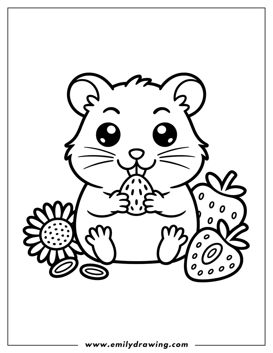 Outline of a hamster holding and eating a strawberry, with a sunflower and another strawberry beside it.