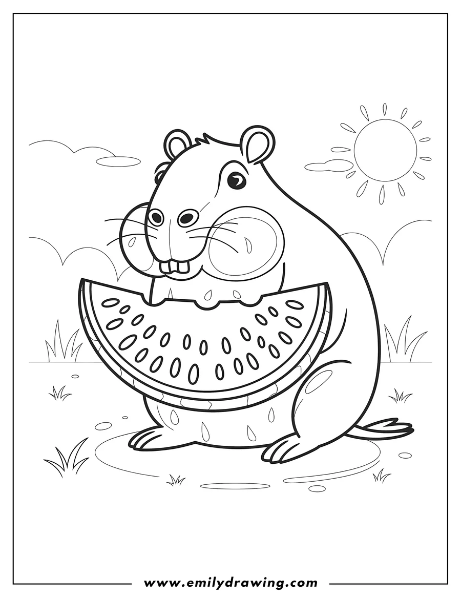 Outline of a hamster eating a large slice of watermelon on a sunny day.