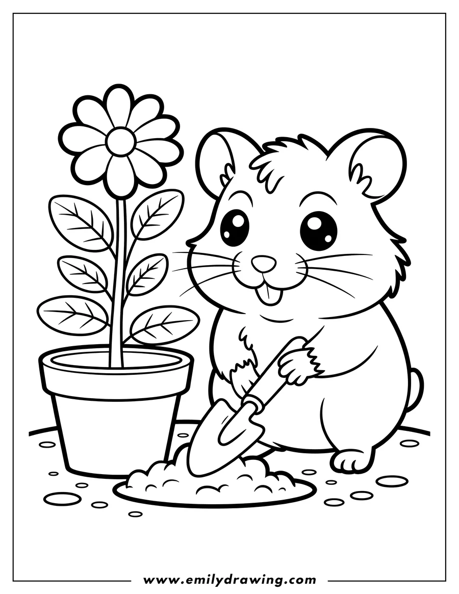 Outline of a hamster gardening, holding a small shovel and standing next to a potted flower.