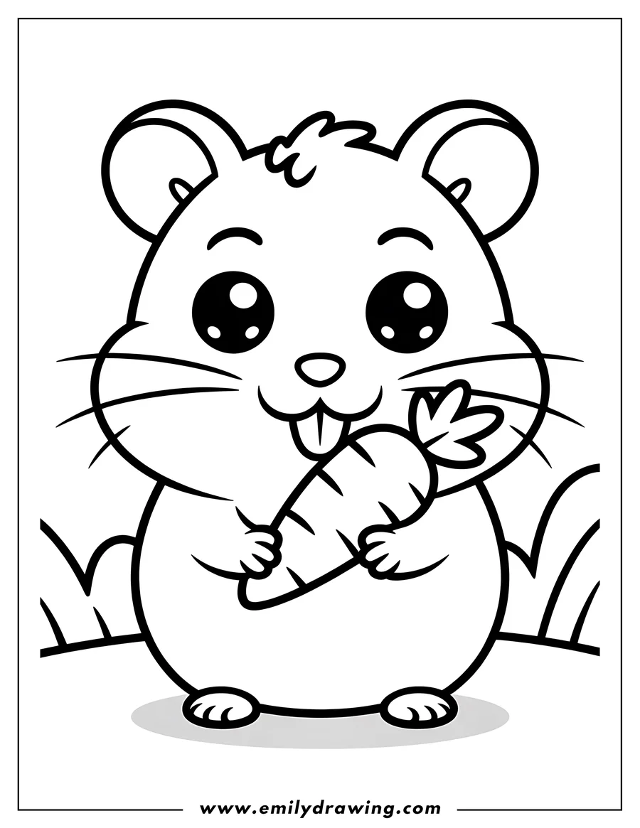 Line art of a hamster holding a carrot. It looks happy and ready to be colored.