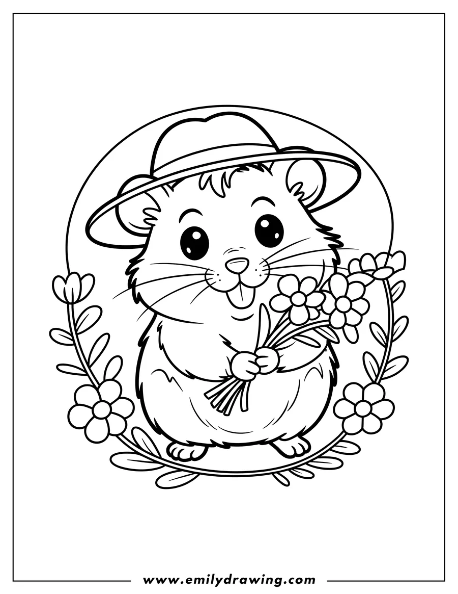 Outline of a hamster holding a bouquet of flowers, wearing a large hat, and standing within a circular floral border.