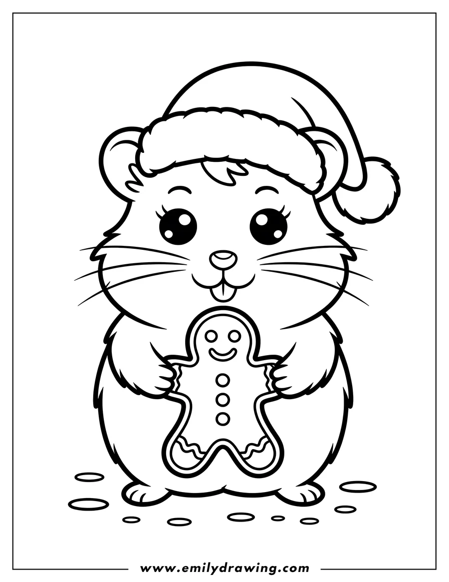 Line art of a hamster wearing a Santa hat and holding a gingerbread man cookie.