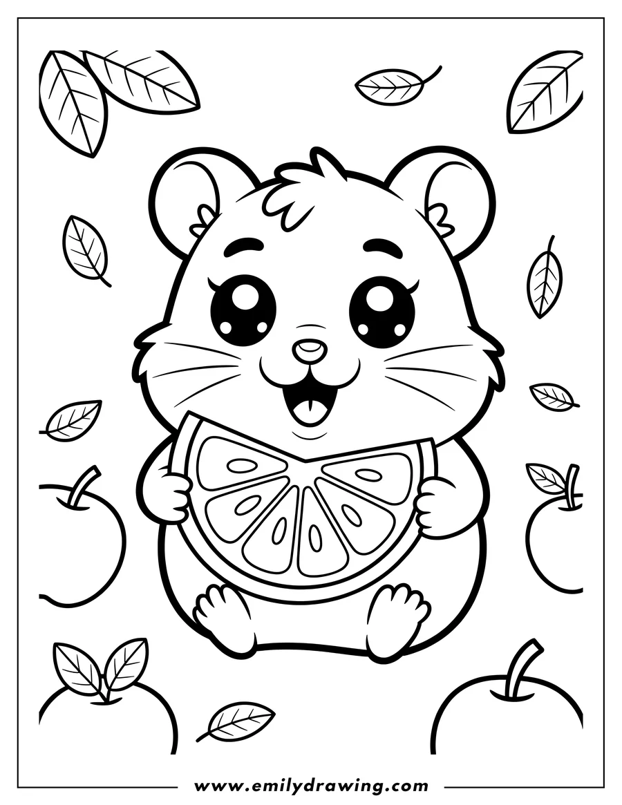 Line art of a cute hamster holding a large orange slice, surrounded by apples and leaves.