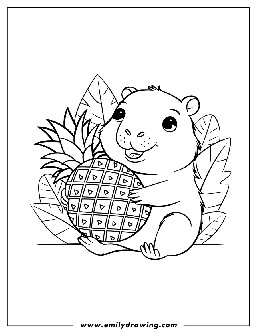 Outline of a hamster holding a large pineapple with leaves in the background.