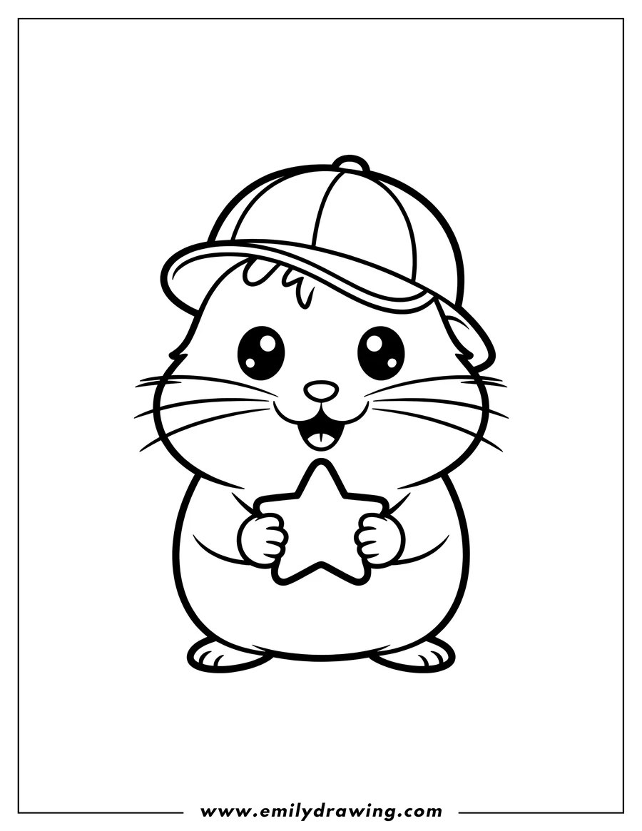 Outline of a hamster holding a star, wearing a baseball cap.