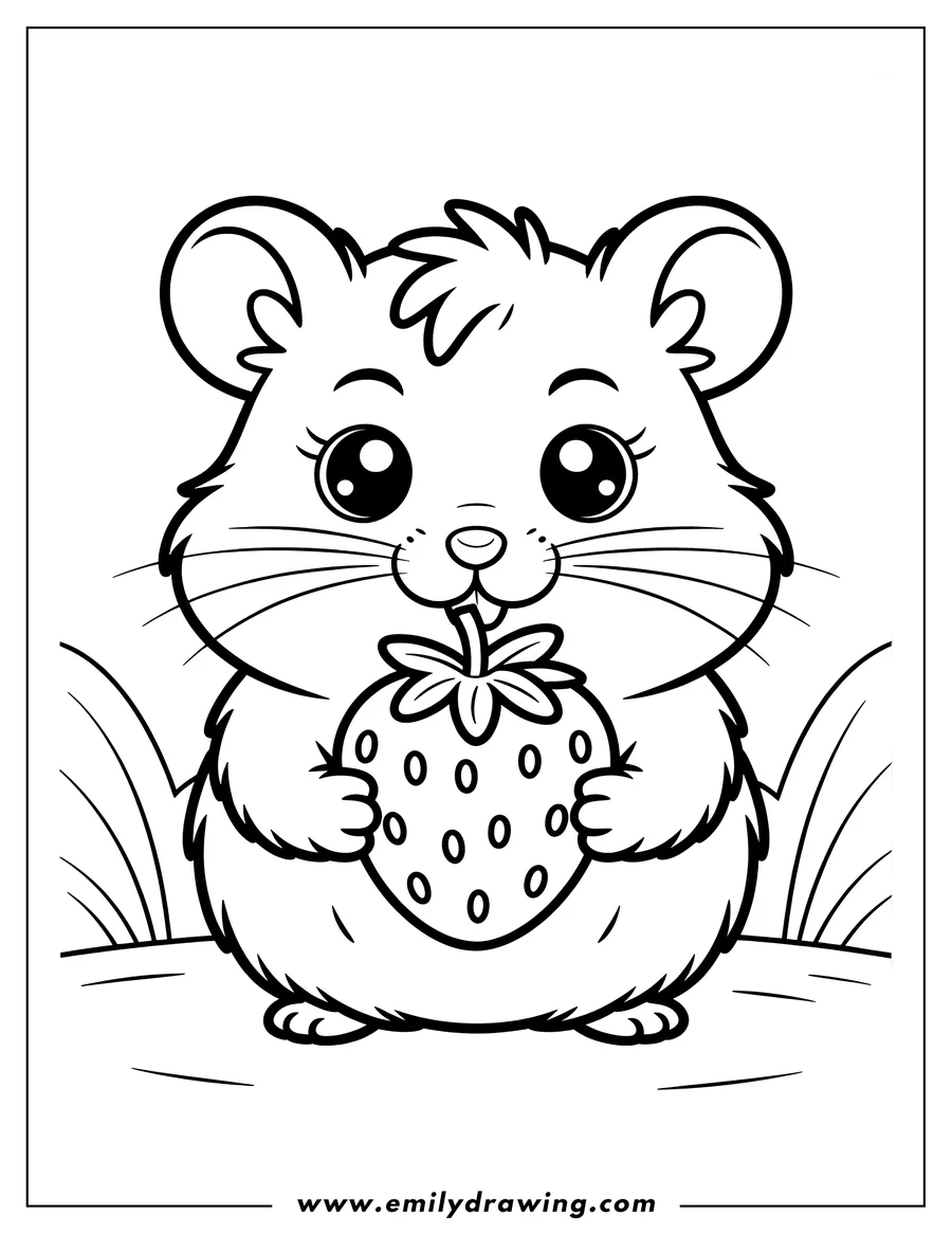 Outline of a hamster holding a large strawberry. It appears to be hugging the fruit.
