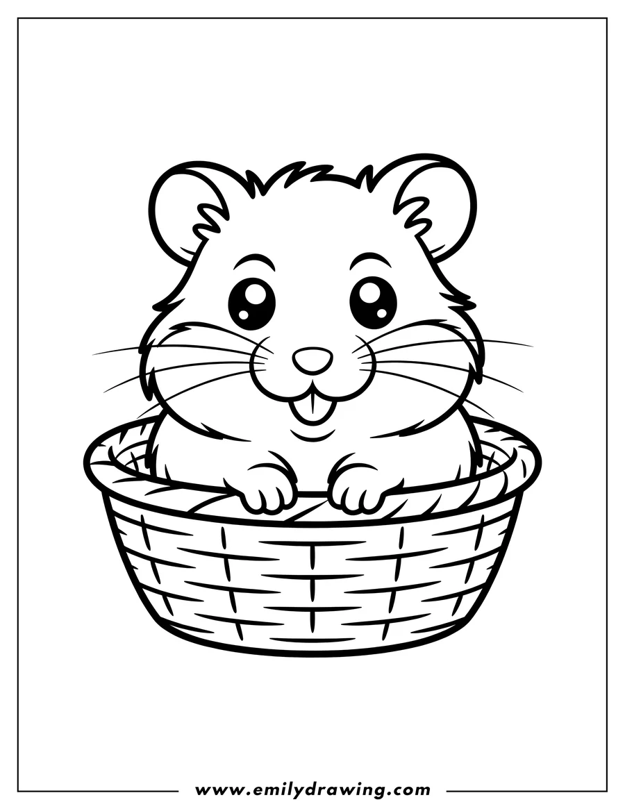 Outline of a hamster sitting in a woven basket.