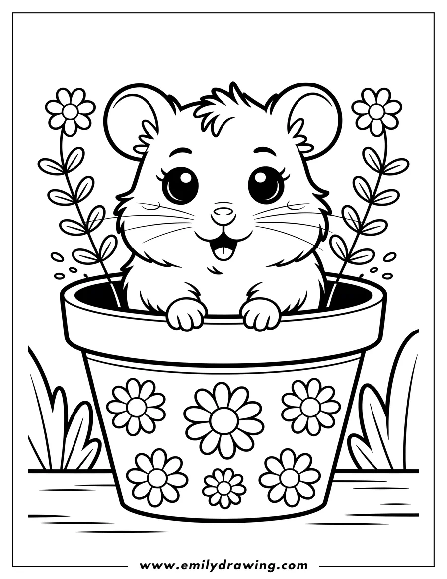 Outline of a hamster sitting in a flower pot decorated with daisies, small flowers beside the pot.