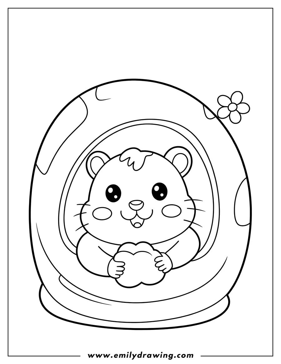 Outline of a hamster sitting in its nest holding a snack, with a small flower nearby.