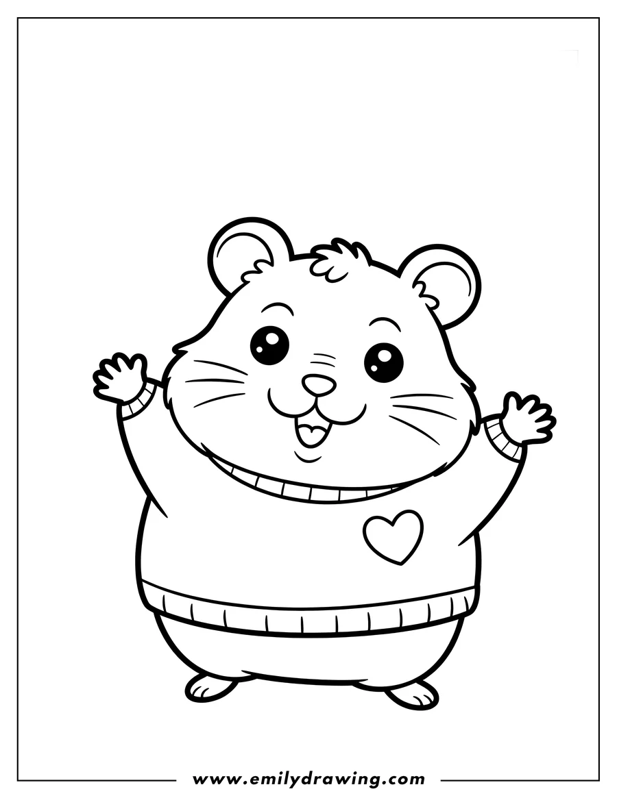 Outline of a hamster wearing a sweater with a heart on it. The hamster has its arms raised in excitement.