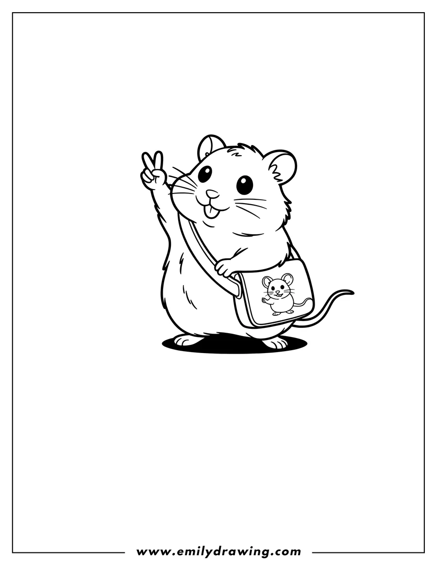 Outline of a hamster holding up a peace sign and wearing a messenger bag with a hamster graphic on it.