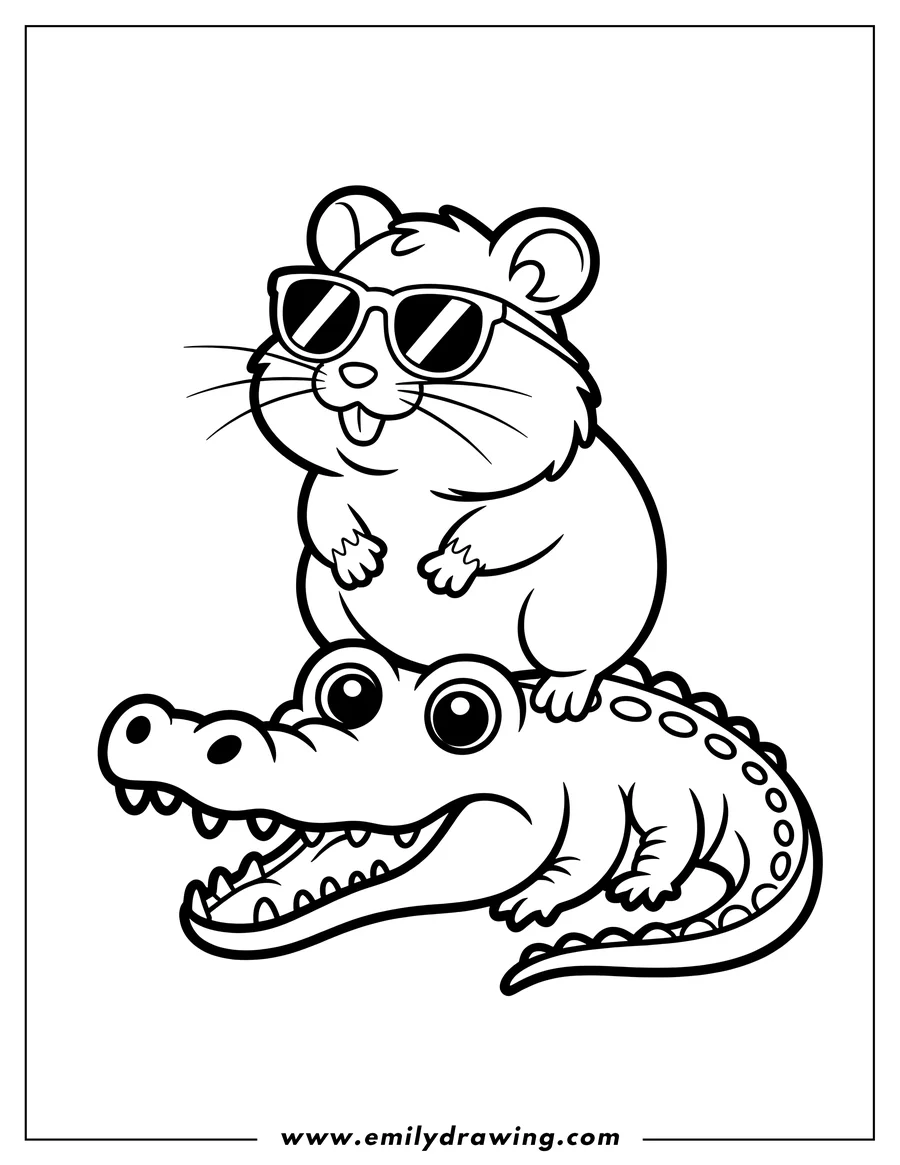 Outline of a hamster wearing sunglasses sitting on the back of a smiling alligator.