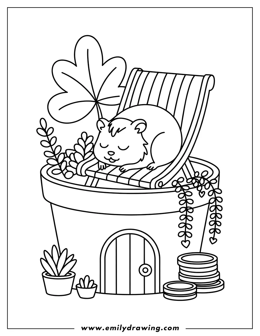 Outline of a hamster sleeping on a lounge chair in a flower pot house, decorated with plants and coins.