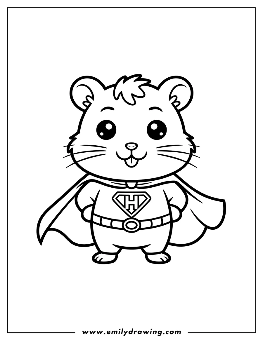 Outline of a hamster wearing a superhero costume with a cape and H symbol.