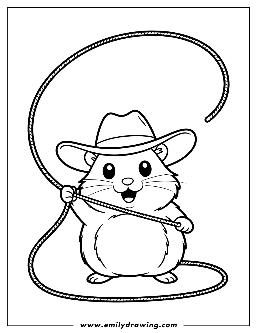 Line art of a hamster wearing a cowboy hat and twirling a rope.