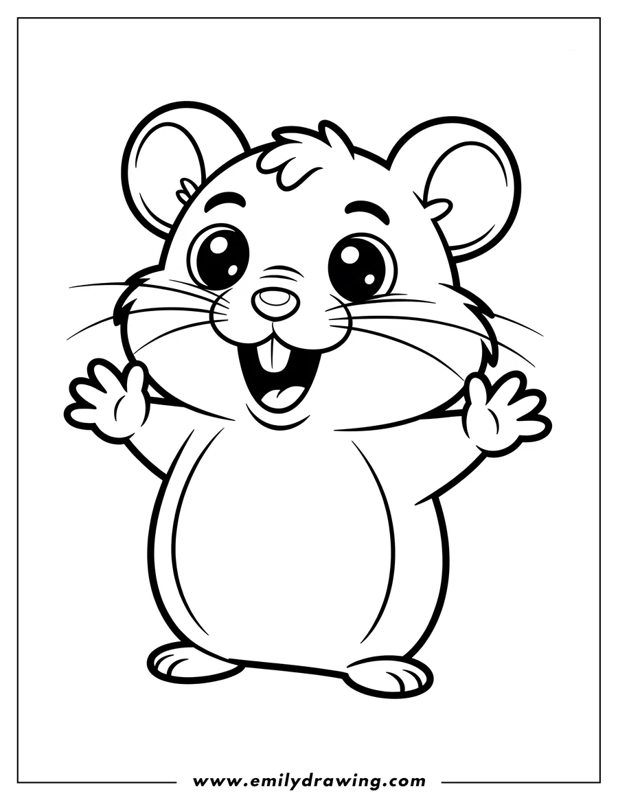 Outline of a happy hamster waving with both paws. It has large, friendly eyes, and a cheerful expression.