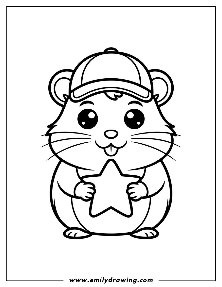 Outline of a hamster wearing a baseball cap and holding a star.