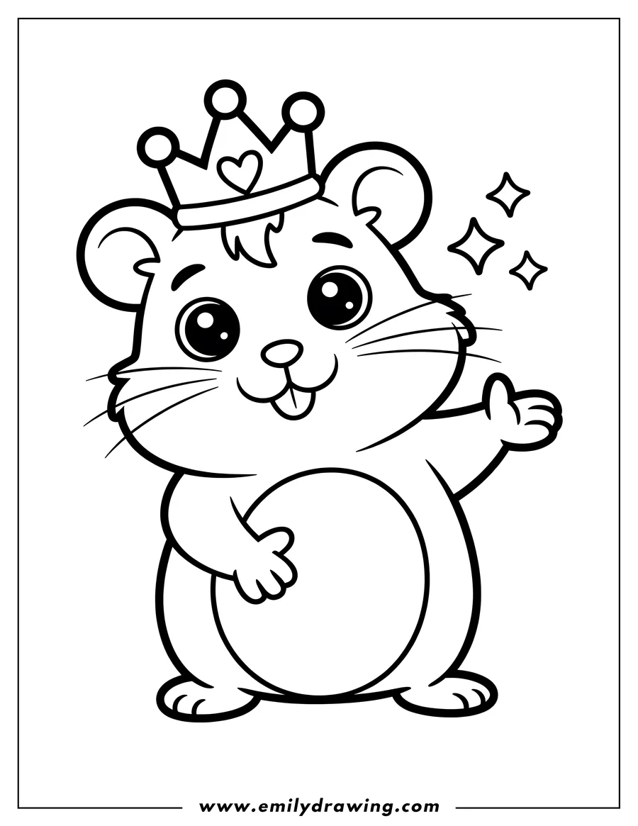 Outline of a hamster wearing a crown with a heart on it, giving a thumbs up.