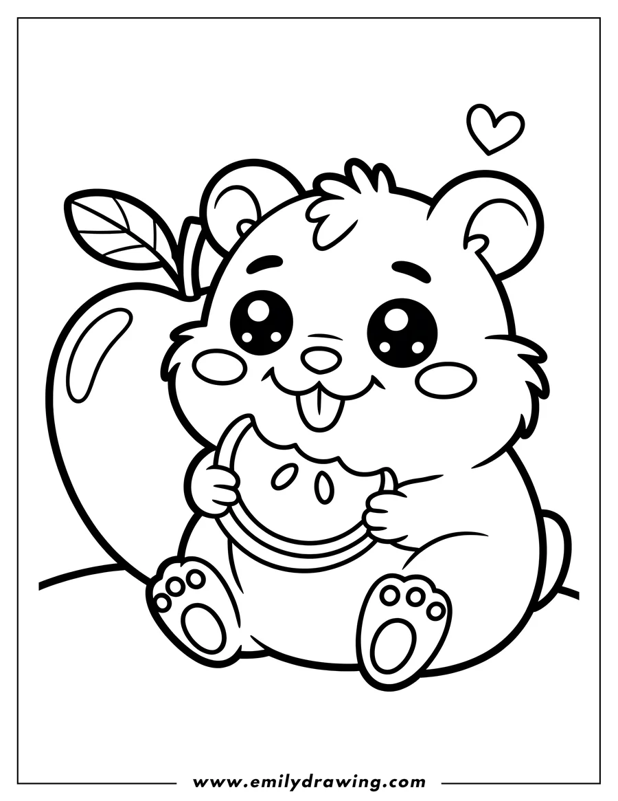 Line art of a cute hamster holding a slice of apple, with its tongue sticking out.