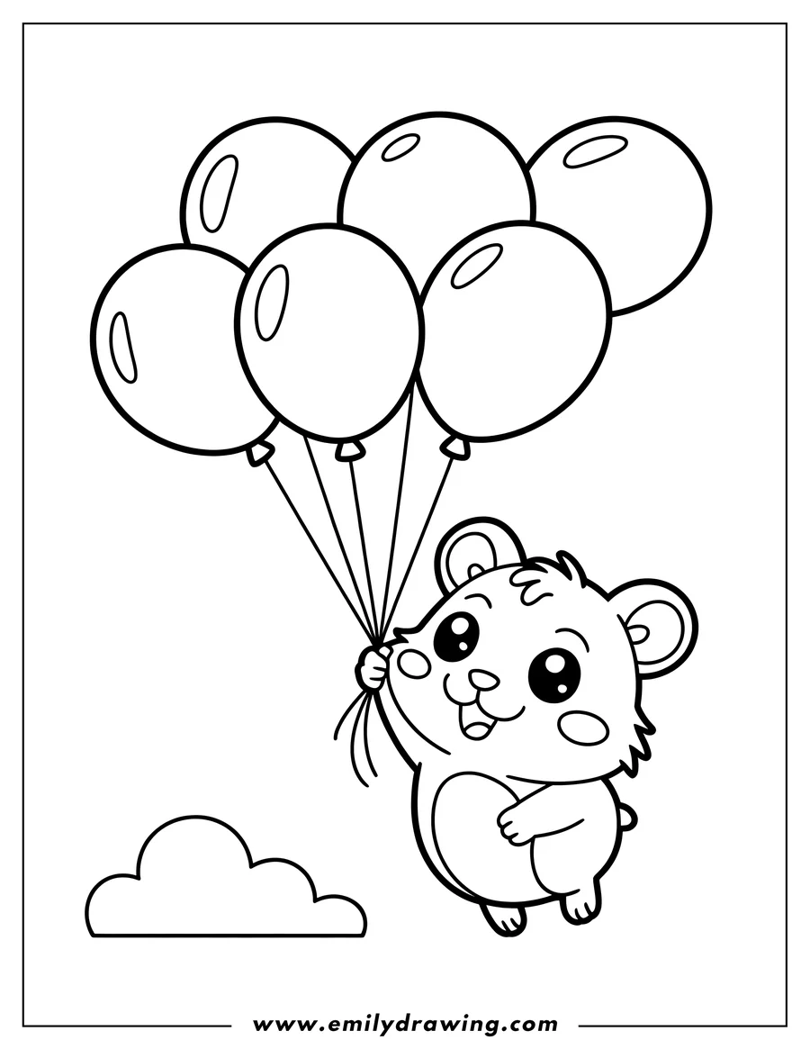 Outline of a cheerful hamster holding a bunch of balloons and floating above a cloud.