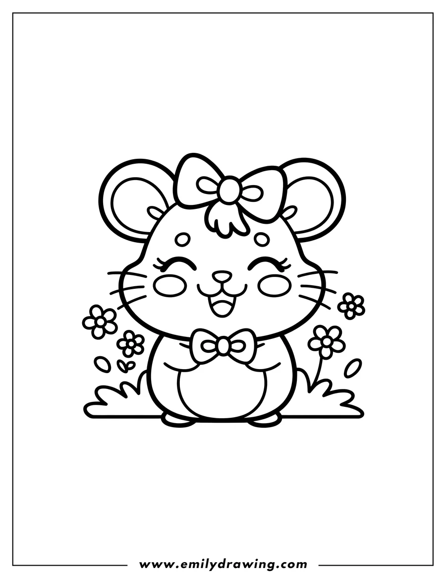 Outline of a hamster wearing two bows, one on its head and one on its chest.  It's standing in some grass with small flowers nearby.