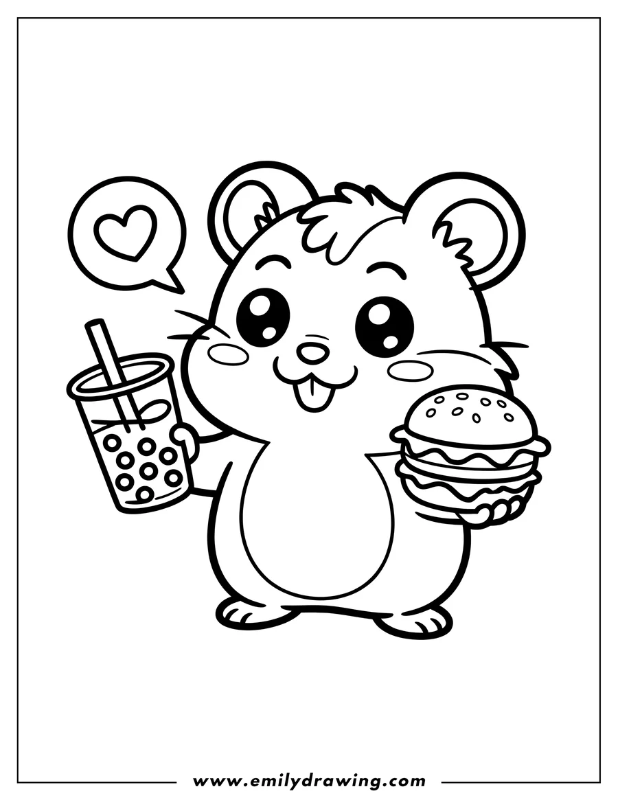 Outline of a hamster holding a burger and a boba tea drink.  A heart floats above the hamster's head.