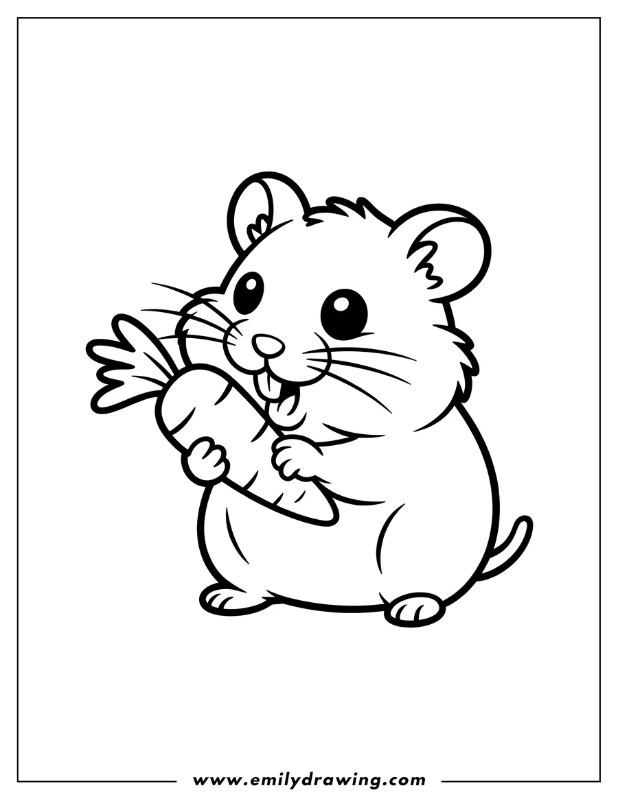 Line art of a hamster holding a carrot, ready to be colored.