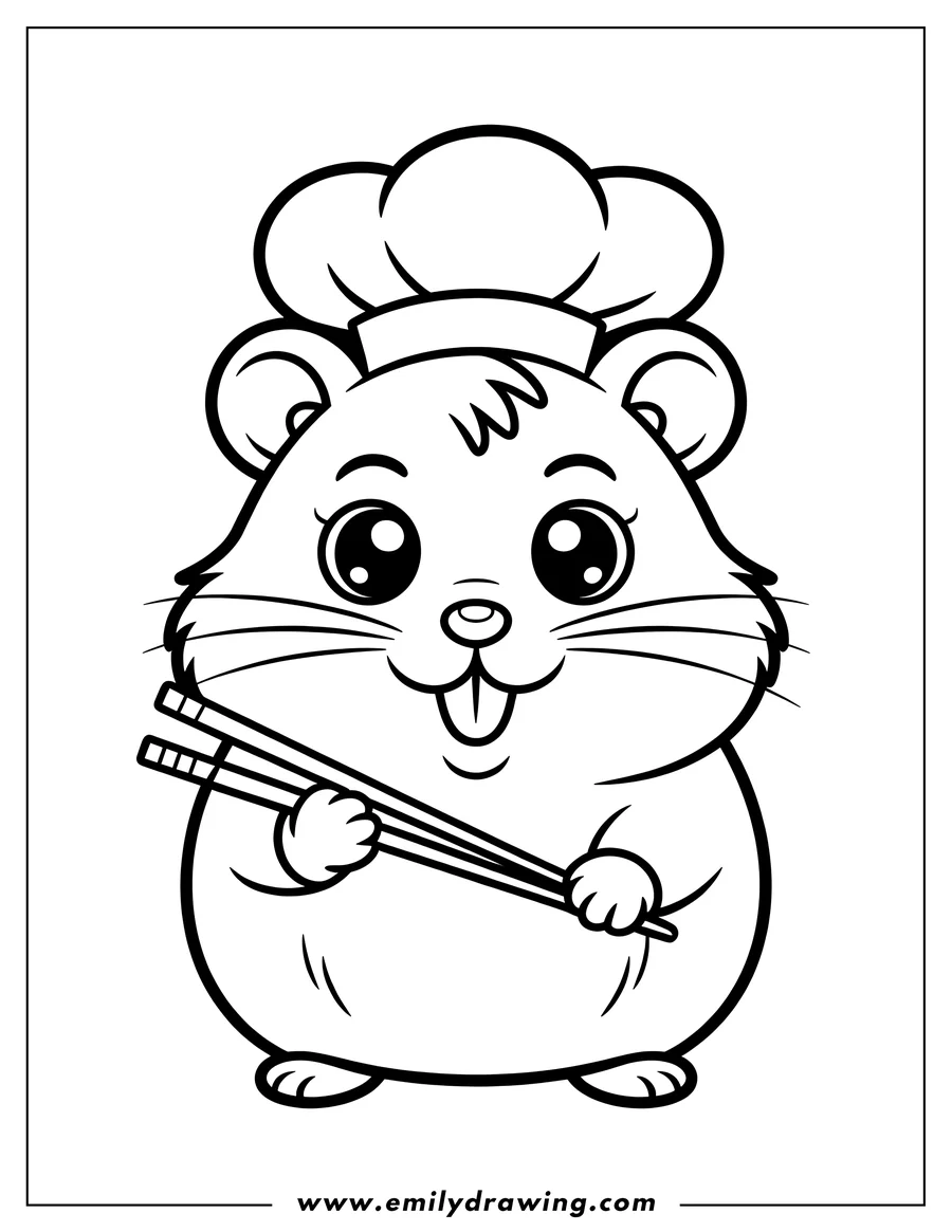 Outline of a hamster wearing a chef's hat and holding chopsticks.