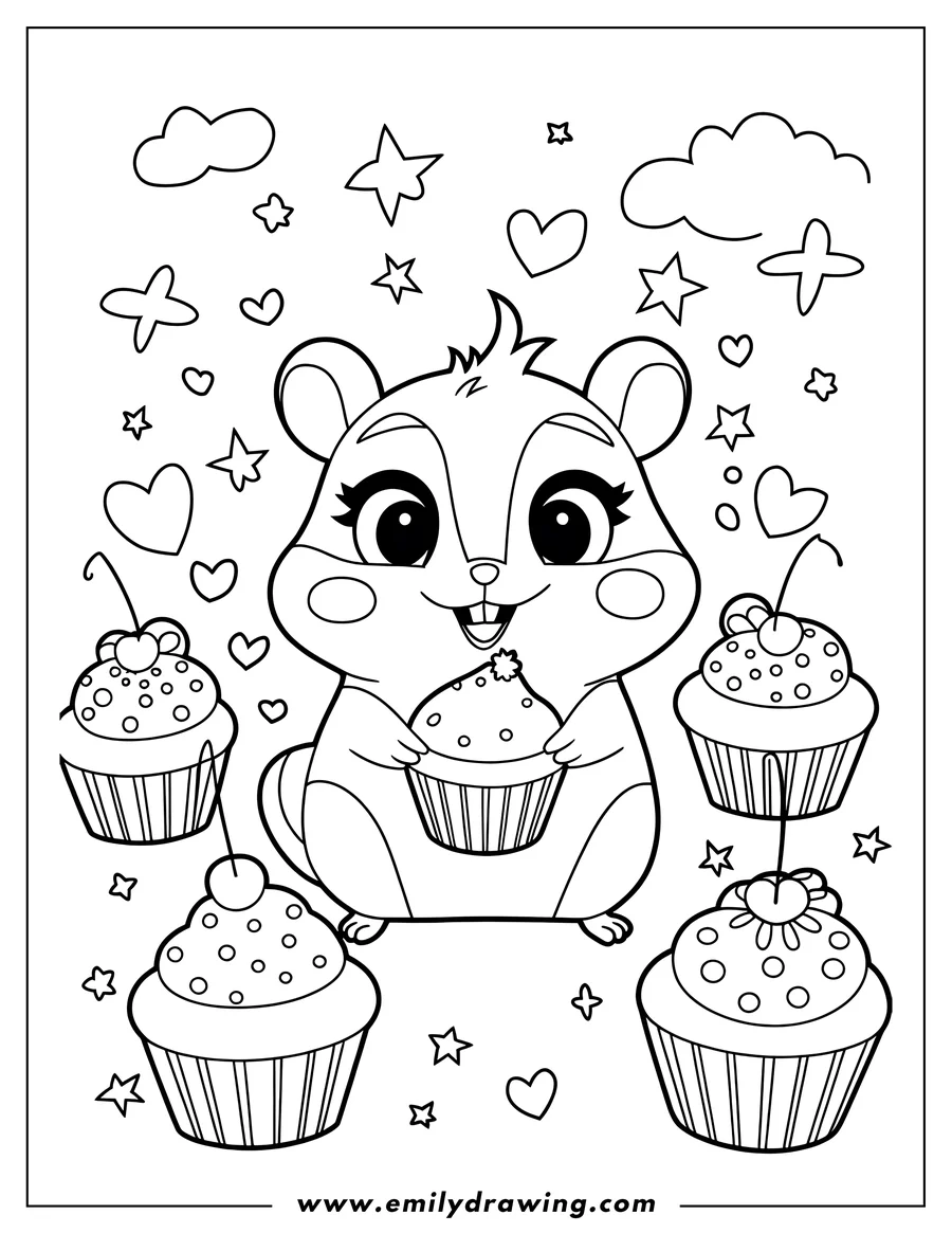 Line art of a hamster holding a cupcake, surrounded by more cupcakes, hearts, and stars.