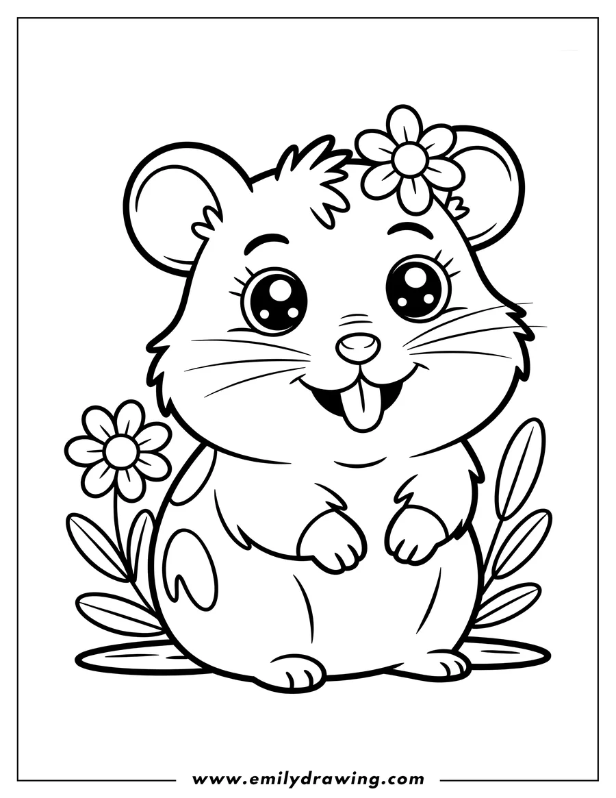 Outline of a cute hamster with a flower on its head, and additional flowers and leaves around it.