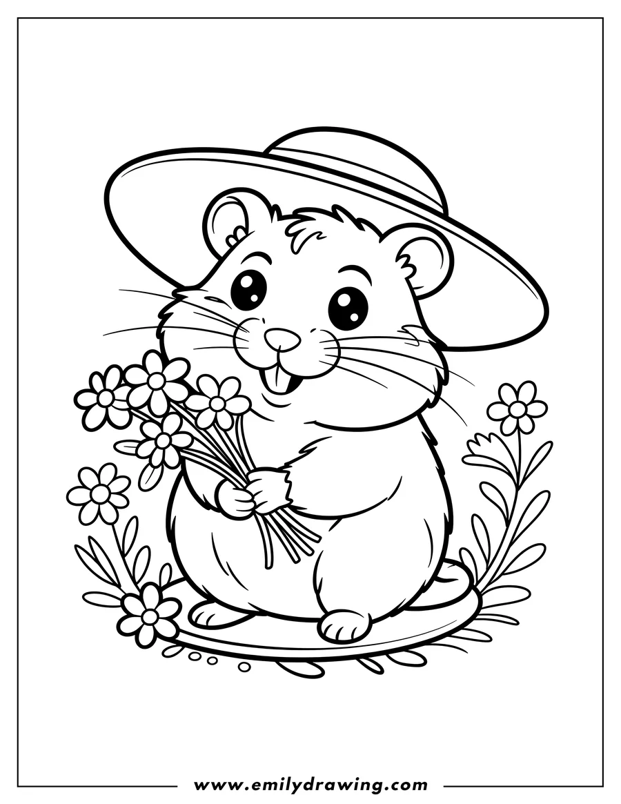 Outline of a smiling hamster wearing a sun hat and holding a bouquet of flowers.
