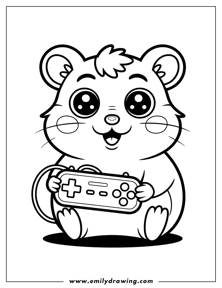 Line art of a hamster holding a game controller, ready to play.