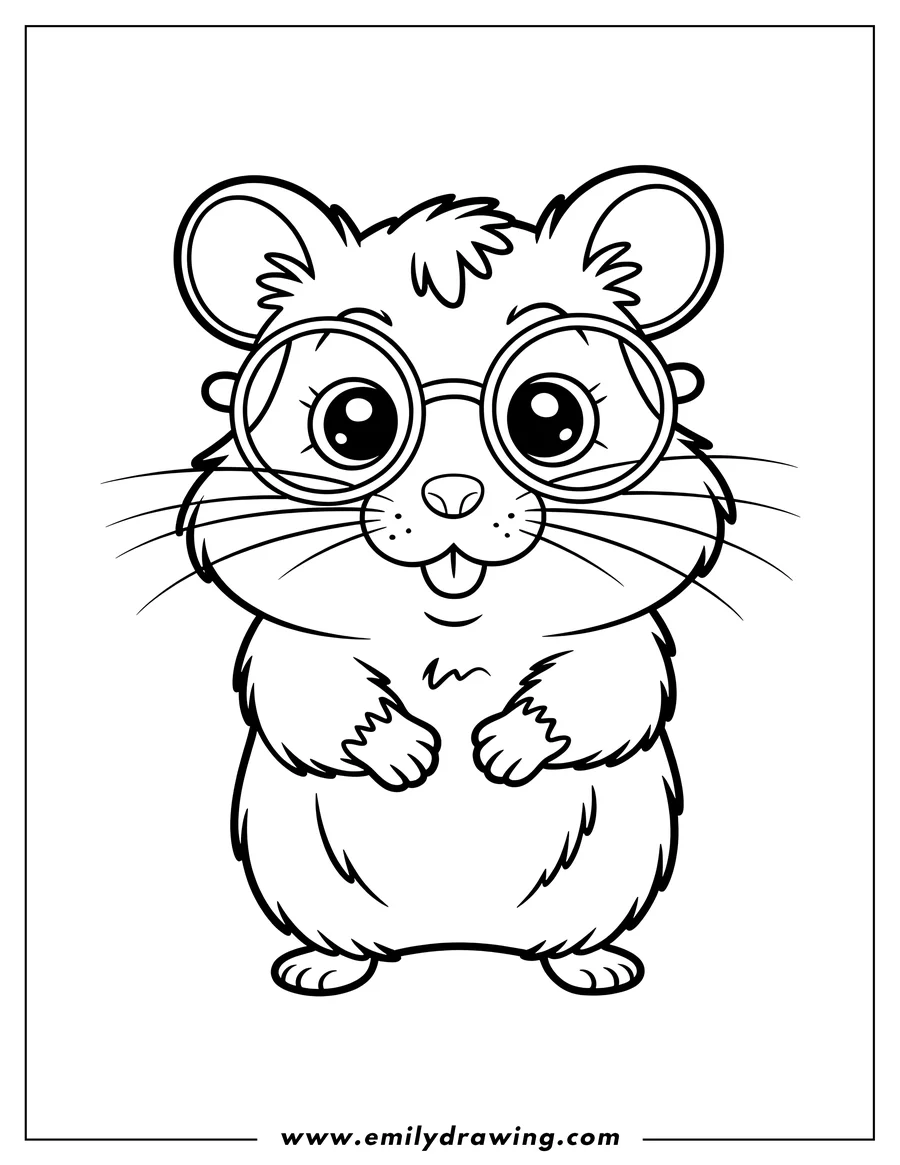 Line art of a hamster wearing large round glasses. It appears to be smiling.
