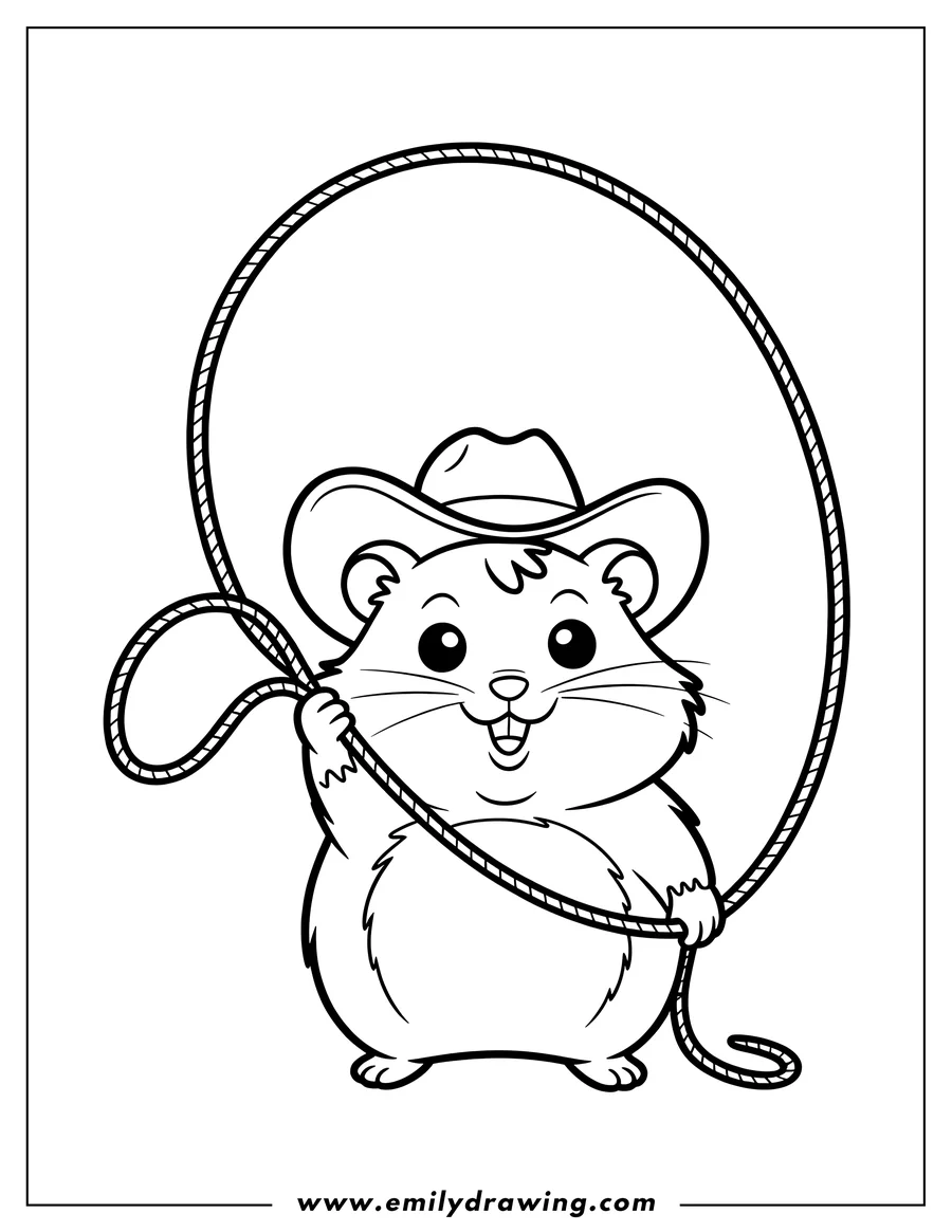 Line art of a hamster wearing a cowboy hat and holding a lasso.