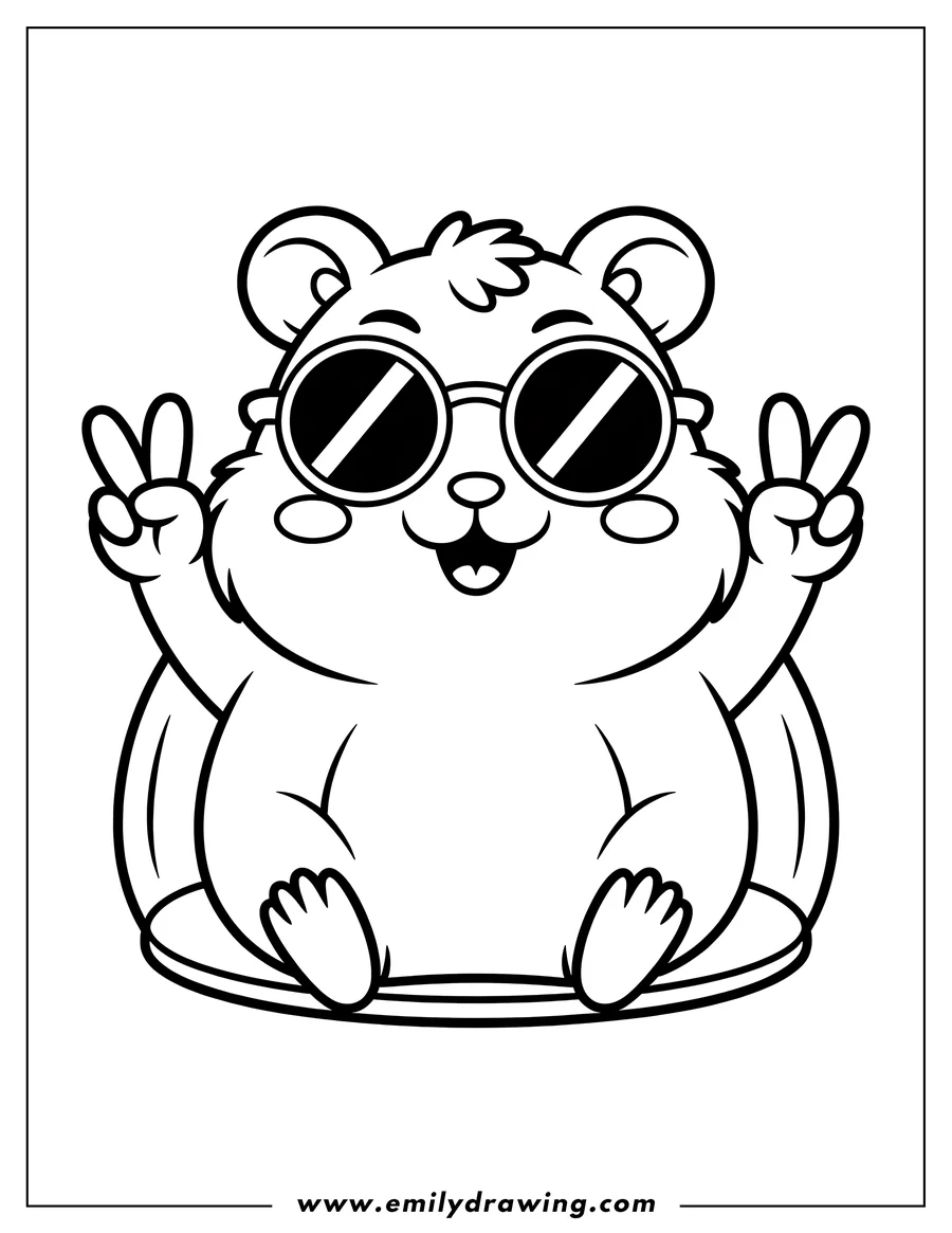 Outline of a hamster wearing sunglasses and making peace signs.